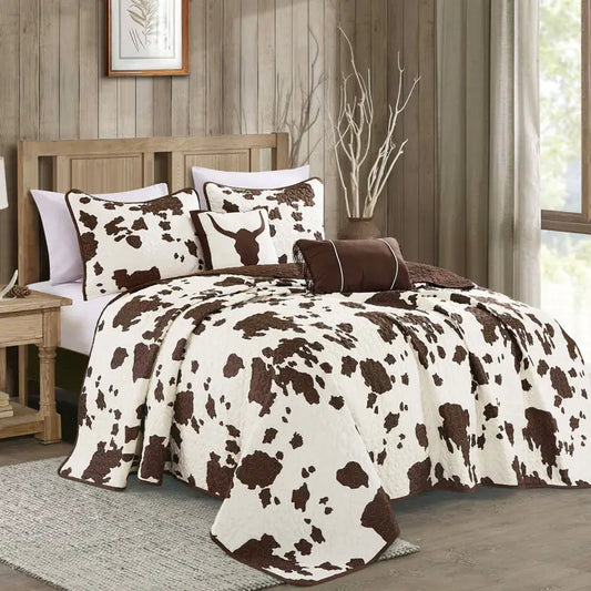 Rustic Cowhide Brown Cow Skull Quilt Set - 5 Piece Set