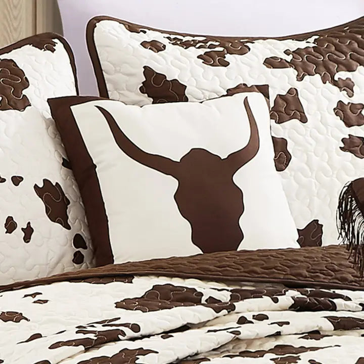 Rustic Cowhide Brown Cow Skull Quilt Set - 5 Piece Set